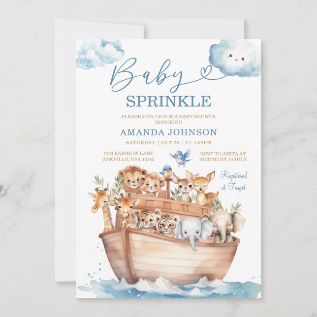 Invitación Boho Cute Arca de Noé Celebración de Bebé Neutro e (Anverso)