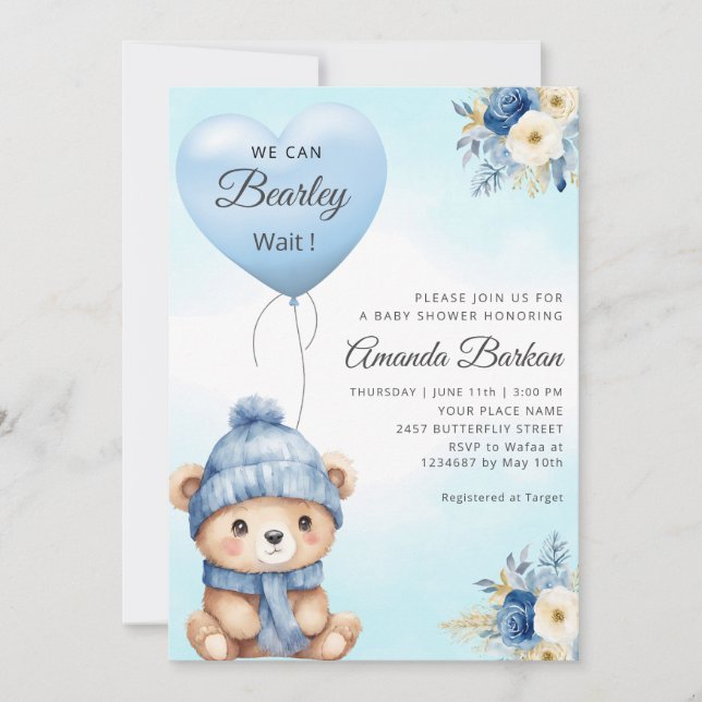 Invitación Boho Cute Boy Teddy Bear Blue Balloon Baby Shower (Anverso)