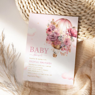 Invitación Boho Cute Chica de globo floral rosa Baby Shower