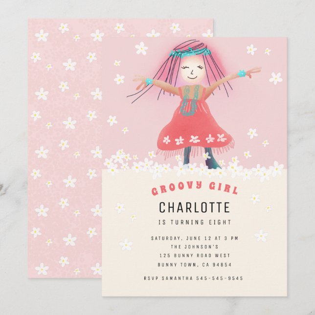 Invitación Boho Cute Floral Birday Party, Chica de Pink Groov (Anverso / Reverso)