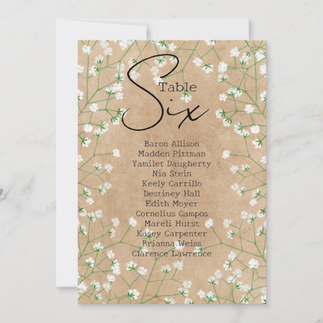 Invitación Boho Cute Gypsophila Tabla Número Gráfico de Asien (Anverso)