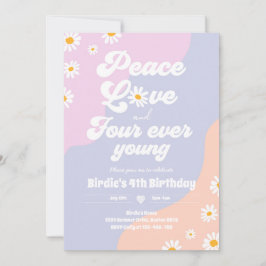 Invitación Boho Daisy 4º cumpleaños Paz Amor a cuatro jóvenes