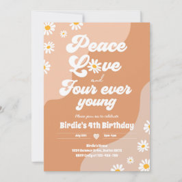 Invitación Boho Daisy 4º cumpleaños Paz Amor a cuatro jóvenes