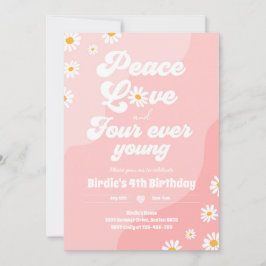 Invitación Boho Daisy 4º cumpleaños Paz Amor a cuatro jóvenes
