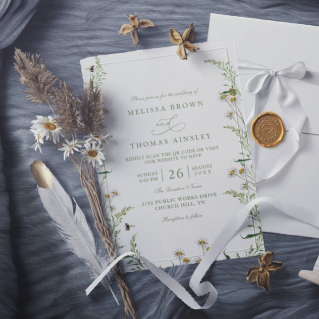 Invitación Boho Daisy Beidge Wildflower QR Code Wedding (Subido por el creador)