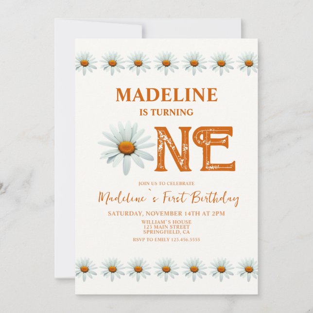 Invitación Boho Daisy Chicas Primer Fiesta de cumpleaños (Anverso)