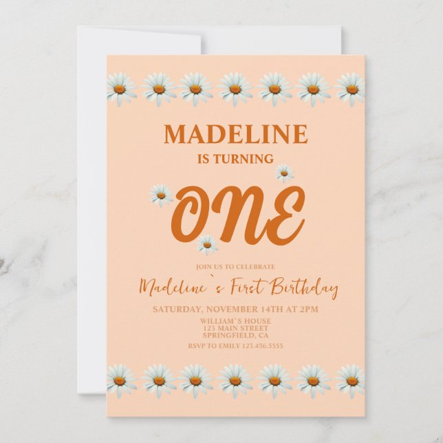 Invitación Boho Daisy Chicas Primer Fiesta de cumpleaños (Anverso)