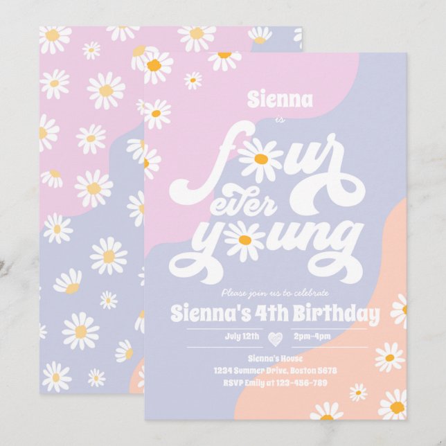 Invitación Boho Daisy, Fiesta de los cuatro años de edad (Anverso / Reverso)