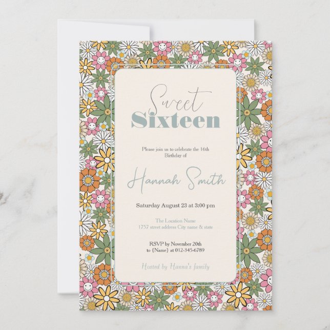 Invitación Boho Daisy Flores Groovy Floral 70 (Anverso)