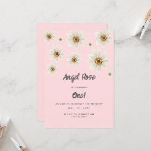 Invitación Boho Daisy Flowers Chica 1er Cumpleaños Curta Rosa