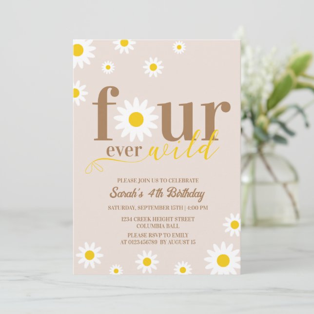 Invitación Boho Daisy Four Ever Wild 4Cumpleaños (Anverso de pie)