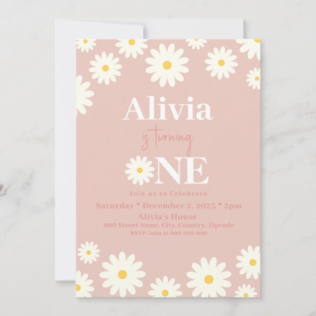 Invitación Boho Daisy One Floral Pink Bohemian 1er cumpleaños (Anverso)