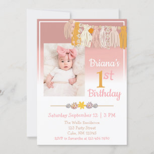 Invitación Boho Daisy Personalizado Foto Pink First Birday