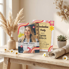 Invitación Boho Daisy Retro Verde Salvia Fiesta de Graduación