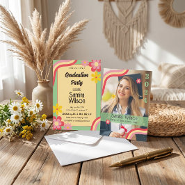 Invitación Boho Daisy Retro Verde Salvia Fiesta de Graduación