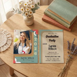 Invitación Boho Daisy Retro Verde Salvia Foto Graduación 2026