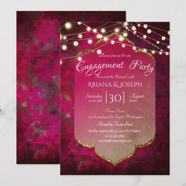 Invitación Boho Damask inspirado en la India en rosa profundo (Anverso / Reverso)