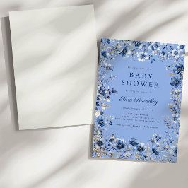 Invitación Boho Dark and Dusty Blue Wildflowers Baby Shower