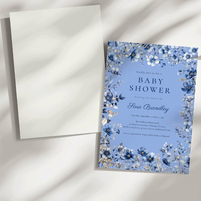 Invitación Boho Dark and Dusty Blue Wildflowers Baby Shower (Boho Dark and dusty blue crisp white wildflowers Baby shower Invitation)