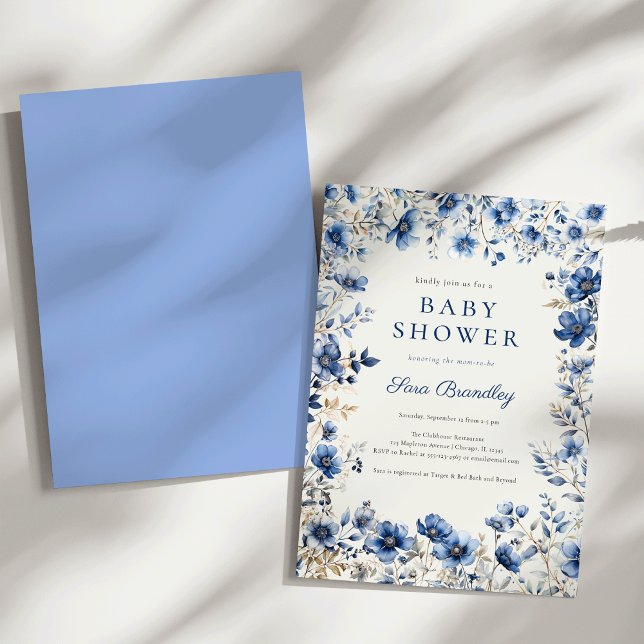Invitación Boho Dark and Dusty Blue Wildflowers Baby Shower (Boho Dark and dusty blue crisp white wildflowers Baby shower Invitation)