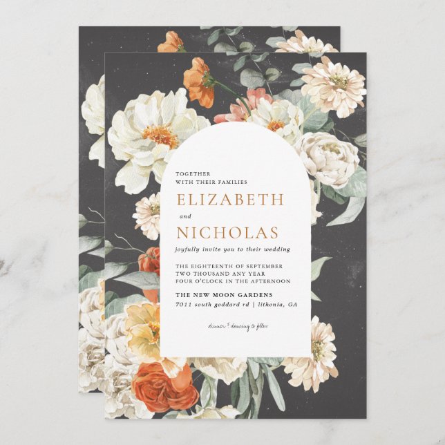 Invitación Boho Dark Floral Greenery Boda Botánico (Anverso / Reverso)