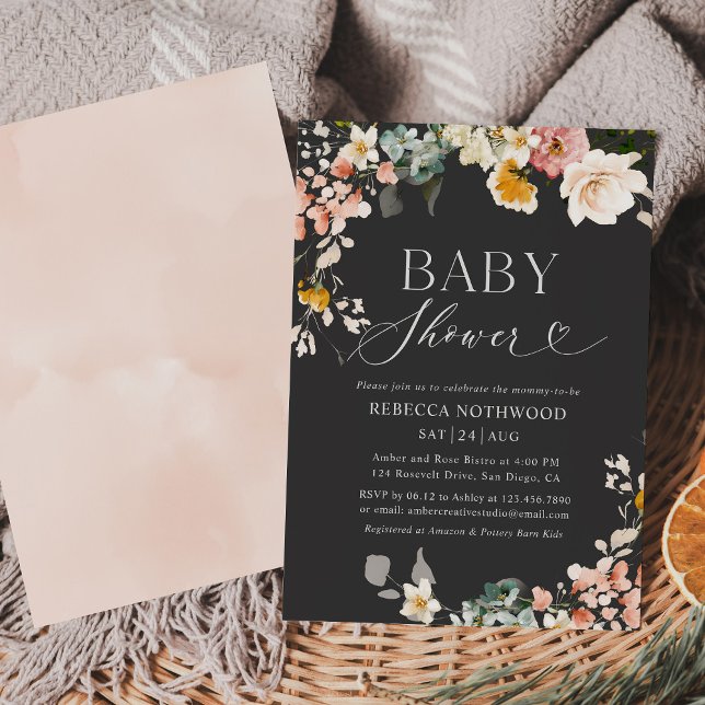 Invitación Boho Dark Watercolor Floral Baby Shower (Subido por el creador)