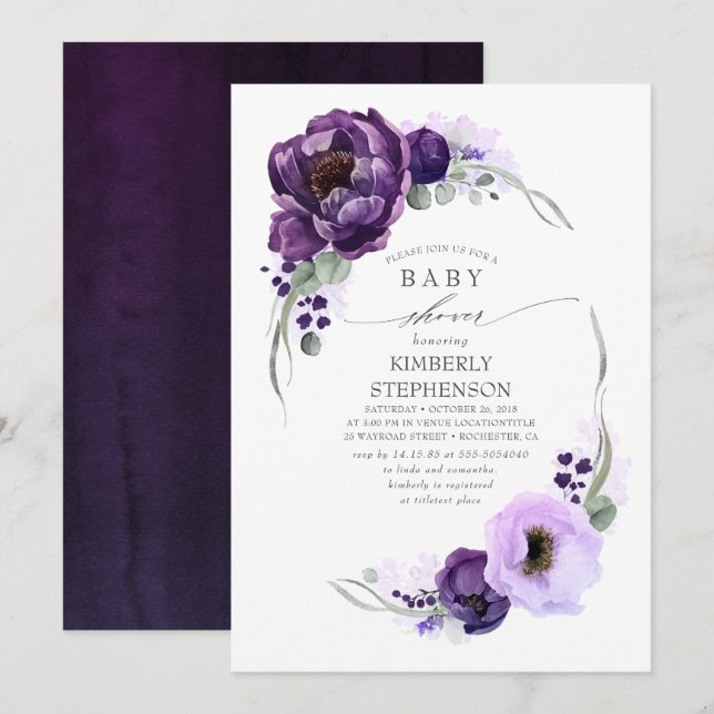 Invitación Boho Darple Purple Floral Royal Baby Shower (Anverso / Reverso)