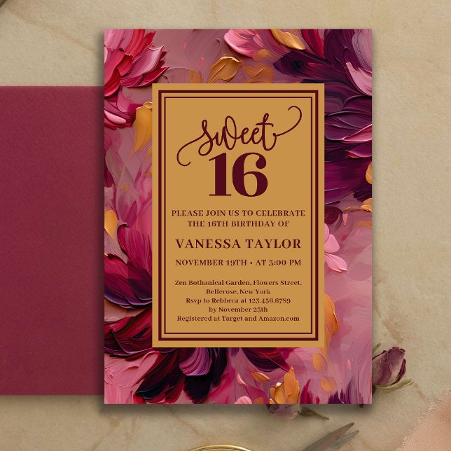 Invitación Boho de Burgundy Blush Soñadora Dulce 1 (Dreamy Sweet 16 Burgundy Blush Boho Invitation)