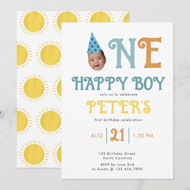 Invitación boho de cumpleaños número 1 con foto de (Anverso / Reverso)
