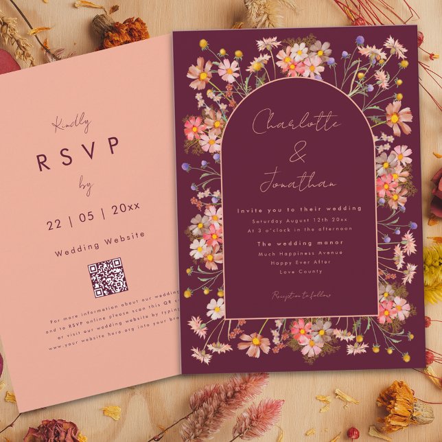 Invitación Boho de Flor Silvestre Moda Arco Burgundy Boda de  (Elegant wildflower arch burgundy terracotta burnt orange peach fall wedding invitation )