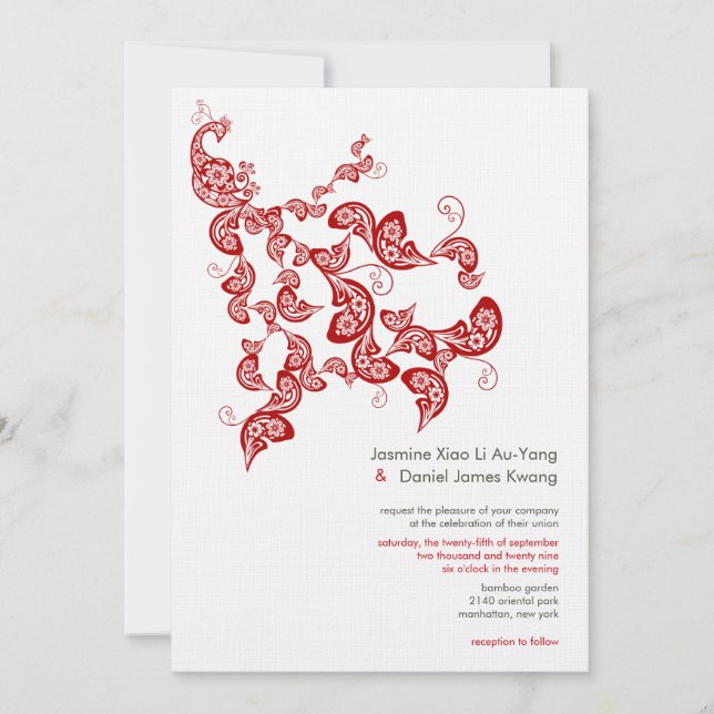 Invitación Boho de floral roja Peacock Moda oriental Boda asi (Anverso)