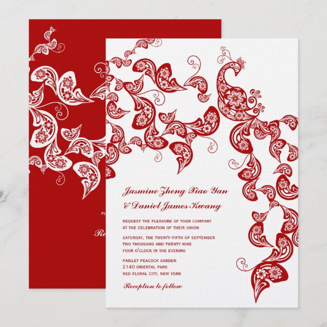 Invitación Boho de Floral Roja Peacock Moda Oriental Boda de  (Anverso / Reverso)