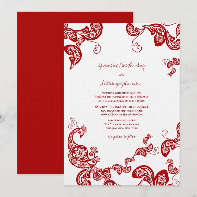 Invitación Boho de Floral Roja Peacock Moda Oriental Boda de  (Anverso / Reverso)