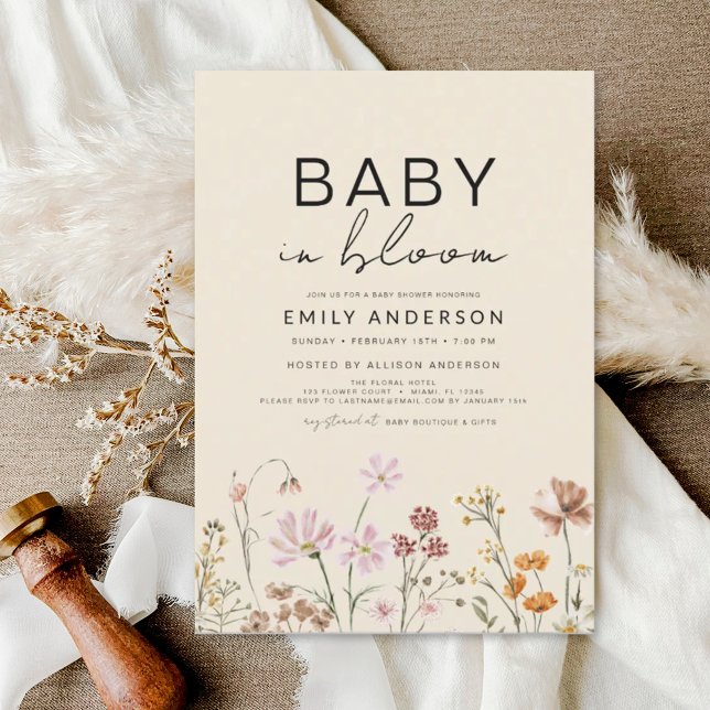 Invitación Boho de flores silvestres en Baby Shower en flor (Subido por el creador)