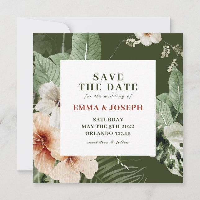 Invitación Boho de hibiscus tropical pastel "Salva la fecha" (Anverso)