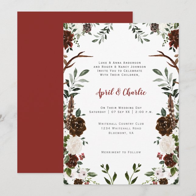 Invitación Boho de marfil rojo indio ataca el marco floral (Anverso / Reverso)
