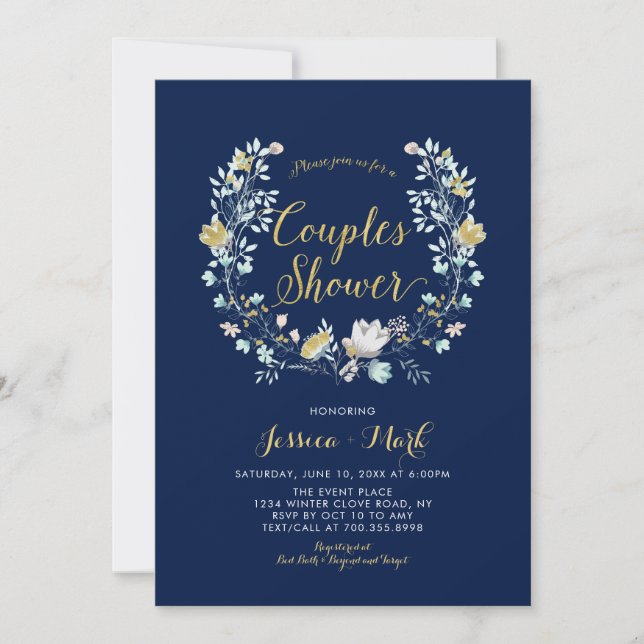 Invitación Boho de Marina y Oro Parejas Florales De Boda Duch (Anverso)