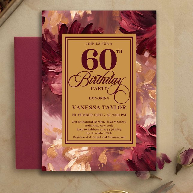 Invitación Boho de Moda Cumpleaños 60 Burgundy Dorado Acuarel (Trendy 60th Birthday Burgundy Gold Watercolor Flowers)