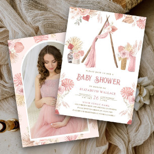 Invitación Boho de playa arbor floral rosa foto baby shower