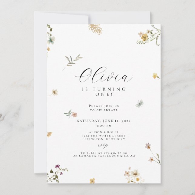 Invitación Boho de primer cumpleaños de Wildflower (Anverso)