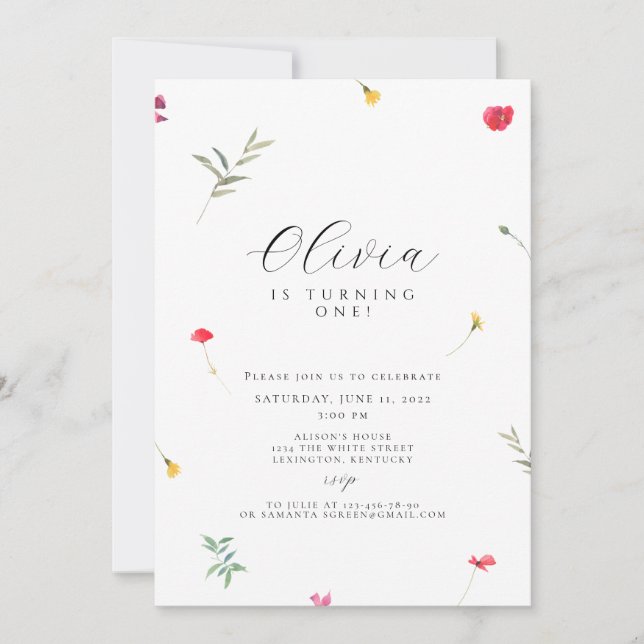 Invitación Boho de primer cumpleaños de Wildflower (Anverso)