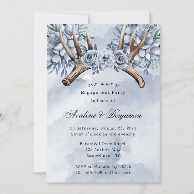 Invitación Boho Deer Antler Blue Floral Bachelorette Party (Anverso)