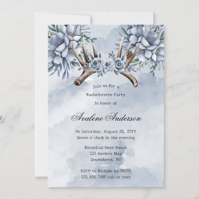 Invitación Boho Deer Antler Blue Floral Bachelorette Party (Anverso)