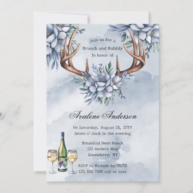Invitación Boho Deer Antler Blue Floral Brunch & Bubbly (Anverso)