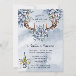 Invitación Boho Deer Antler Blue Floral Brunch & Bubbly