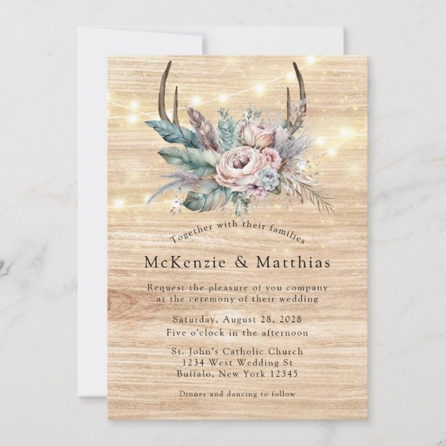 Invitación Boho Deer Antler Boda Floral (Anverso)
