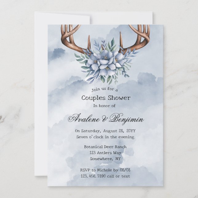 Invitación Boho Deer Antler Boda Floral Azul Ducha Pareja (Anverso)