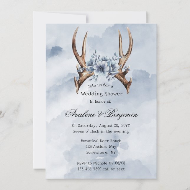 Invitación Boho Deer Antler Boda Floral Azul Ducha Pareja (Anverso)