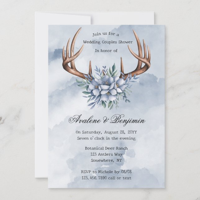 Invitación Boho Deer Antler Boda Floral Azul Ducha Pareja (Anverso)