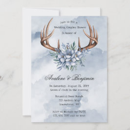 Invitación Boho Deer Antler Boda Floral Azul Ducha Pareja